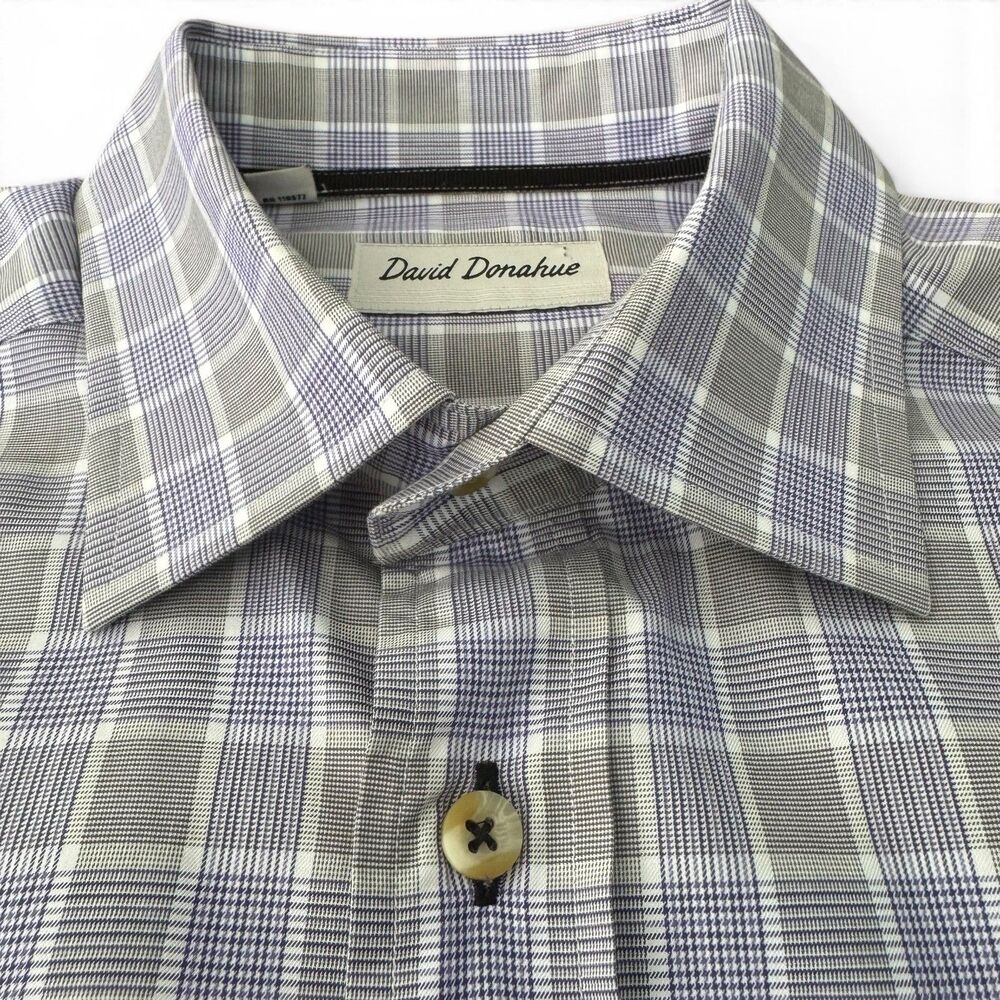 David Donahue Dress Shirt Mens Medium Purple Plaid Check Cotton Classic Fit